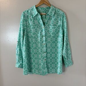 Charter Club 100% Linen Button Up Top Mint Green Roll Tab Sleeve Blouse Sz XXL